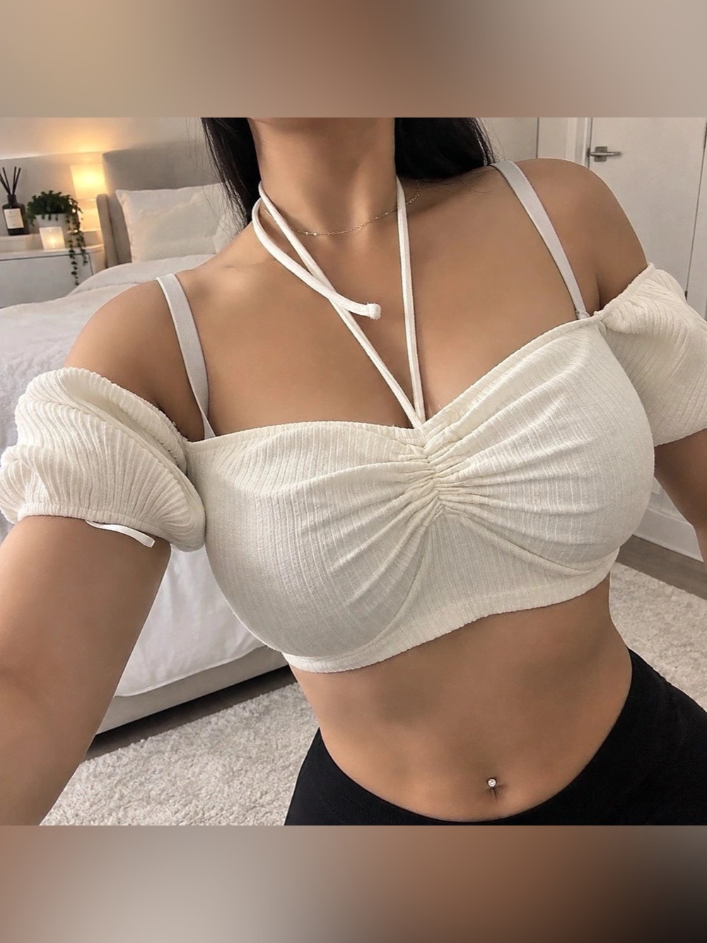 Zara Ribbed Off-the-Shoulder Halter Crop Top White